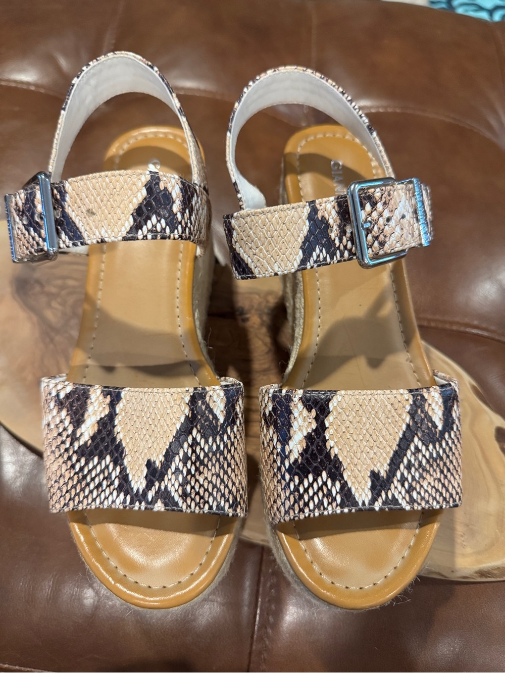 Gianni Bini Beige Black Snake-Print Wedge Sandals